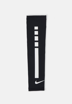 Crna Nike atletska rukava s bijelim vertikalnim prugama i pet kvadratnih akcenata, izrađena od rastezljivog, laganog materijala.