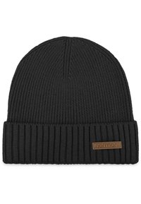 Schwarze Strickmütze mit gerippter Textur, ausgestattet mit einem umgeschlagenen Rand und einem rechteckigen braunen Etikett mit geprägtem Text.