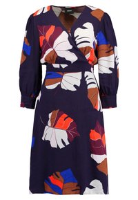 Wickelkleid aus dunkelblauem Stoff mit mehrfarbigen Blattmustern in Rot, Orange, Weiß, Blau und Braun. Verfügt über Puffärmel und eine taillierte Passform.