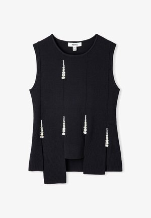 Top sans manches noir en tricot, ornée de plis verticaux et d'éléments décoratifs en cristal sur le devant. Col rond.