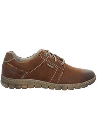 Brown leather casual shoes with textured finish, gray laces, contrasting stitching, and a flexible rubber sole featuring patterned tread.