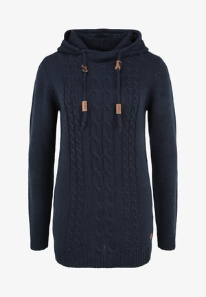 Haut à capuche en tricot bleu marine avec un motif en câble, cordons de serrage réglables et accents en cuir. Manches longues et coupe décontractée.