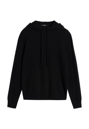Schwarzer Hoodie aus weichem Stoff. Verfügt über eine Kapuze mit Kordelzug und lange Ärmel. Einfacher, lockerer Schnitt mit gerippten Bündchen und Saum.