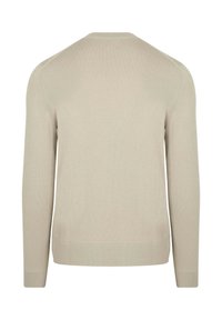 Beige trui met lange mouwen, ronde hals, zachte gebreide stof, aansluitende manchetten en taille, naadloze schouders en geen zichtbare patronen.