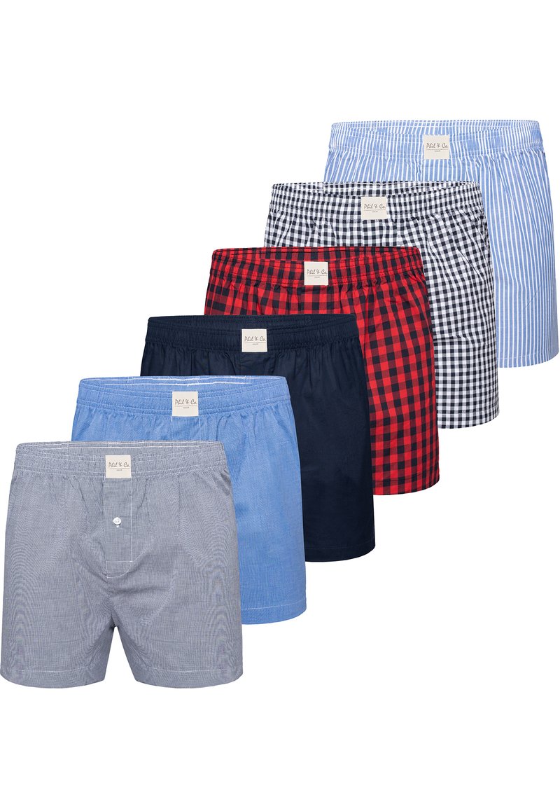 Ensemble de six paires de boxers pour hommes dans diverses couleurs et motifs : rayures bleues, carreaux rouges, bleu marine et carreaux gris, avec ceintures élastiques.