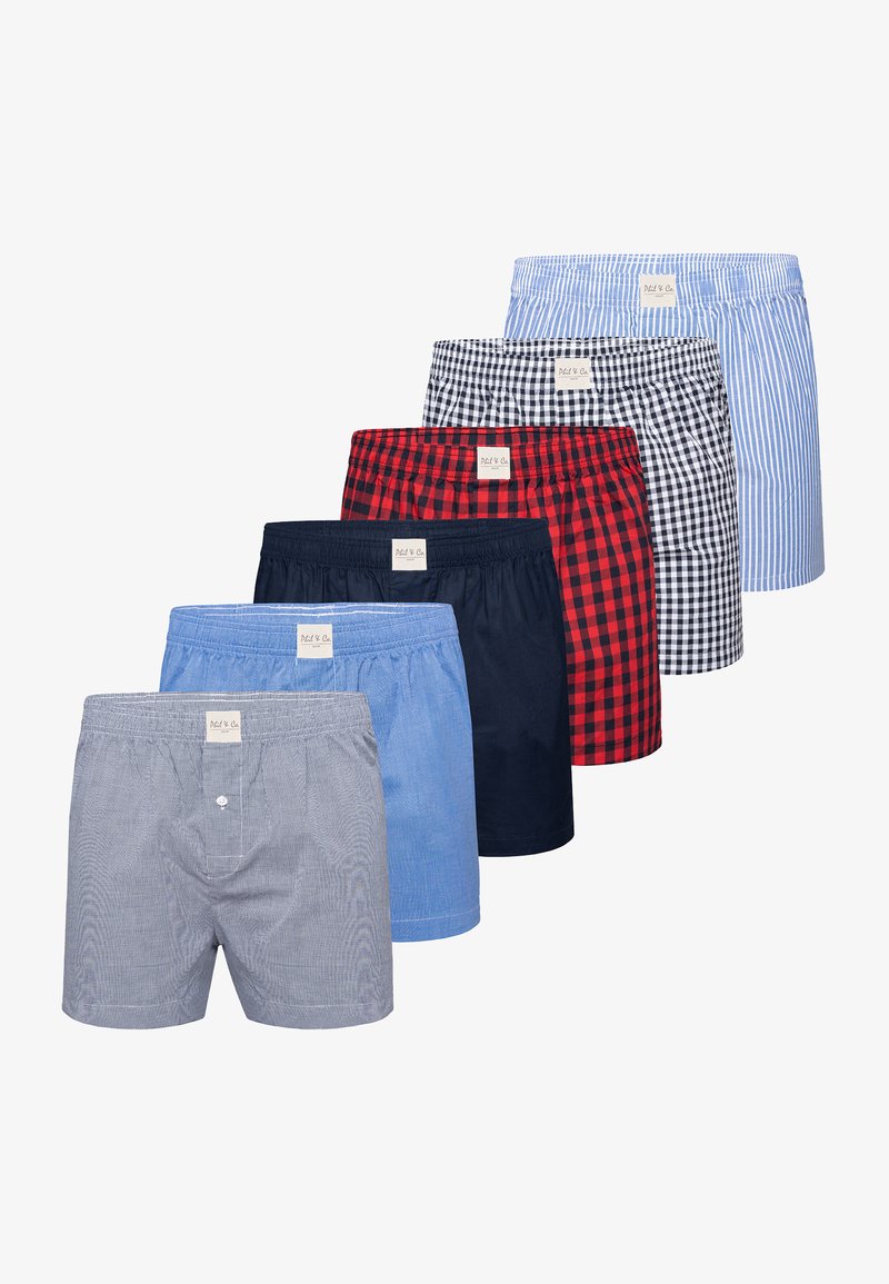 Set van zes paar herenboxers in verschillende kleuren en patronen: blauw gestreept, rood geruit, marineblauw en grijs geruit, met elastische taillebands.