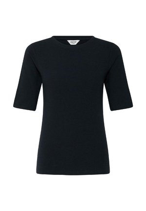 Camiseta negra de manga corta con cuello redondo, dobladillo recto y silueta ajustada sobre un fondo blanco.