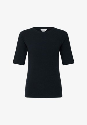 Črna majica s kratkimi rokavi in okroglim izrezom, z ravnim spodnjim robom in prilegajočo obliko na belem ozadju.