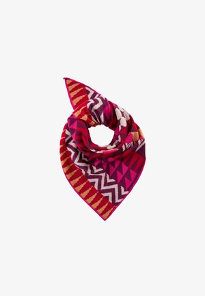 Colorful scarf featuring a mix of geometric patterns in pink, red, and purple, with a soft texture and pointed ends.