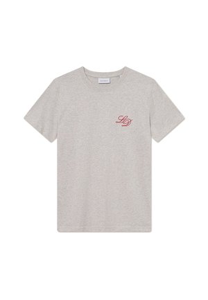 Šedé bavlnené tričko s okrúhlym výstrihom, krátkymi rukávmi a malým červeným logom "LD" na ľavej strane hrudi. Hladká textúra, jednoduchý dizajn.