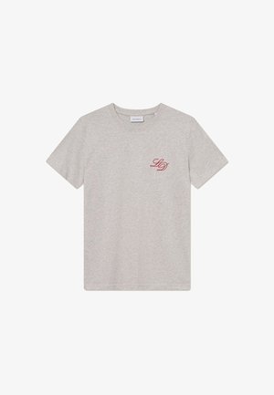 Šedé bavlnené tričko s okrúhlym výstrihom, krátkymi rukávmi a malým červeným logom "LD" na ľavej strane hrudi. Hladká textúra, jednoduchý dizajn.