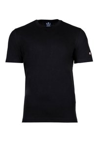 T-shirt di cotone nera con scollo rotondo, maniche corte e una piccola etichetta logata sulla manica sinistra. Texture liscia, vestibilità standard.
