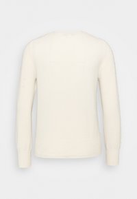 Světlý krémový svetr, jemná pletená textura, dlouhé rukávy, kulatý výstřih, s jemnými detaily na zádech a žebrovaným lemem a manžetami.