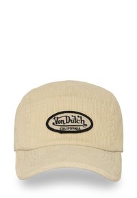 Cappello in corduroy beige chiaro con visiera curva, dotato di un patch ricamato nero con la scritta "Von Dutch California."