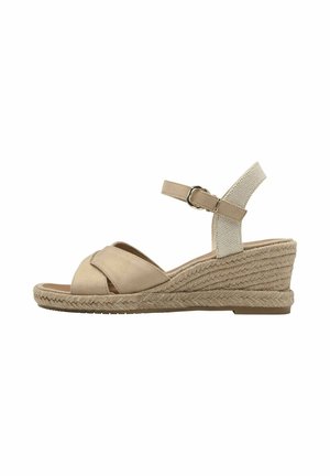 Beige kile-sandaler med krydsrem-design, stofankelrem og vævet jute mellemsål. Gummisål for godt greb.