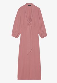 Støvete rosa midikjole med knyte-detalj ved halsen, ballongsleeves og en glattere, myk tekstur.