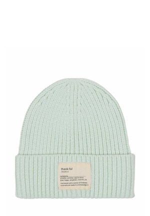 Mint green knitted beanie with a ribbed texture and a folded cuff. Features a label with the word "thank-ful" and its definition sewn on the front.