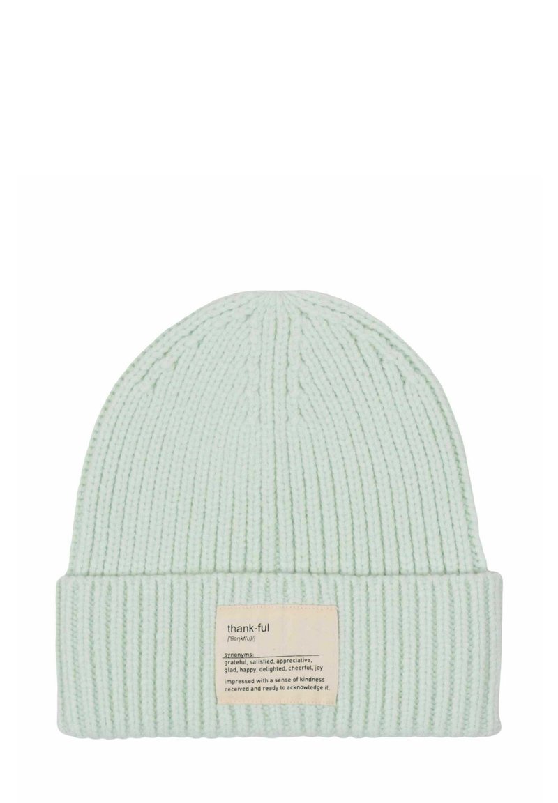 Mint green knitted beanie with a ribbed texture and a folded cuff. Features a label with the word "thank-ful" and its definition sewn on the front.