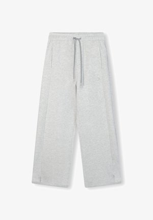 Light gray sweatpants with an elastic waistband and drawstring, featuring side pockets and a relaxed, wide-leg design. Soft texture.