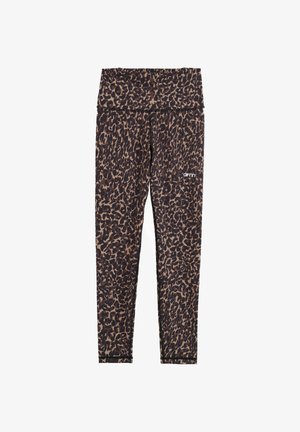 Legginsy w panterkę w odcieniach brązu i czerni. Wykonane z elastycznej tkaniny, z wysokim stanem i detalem z logo po bokach.