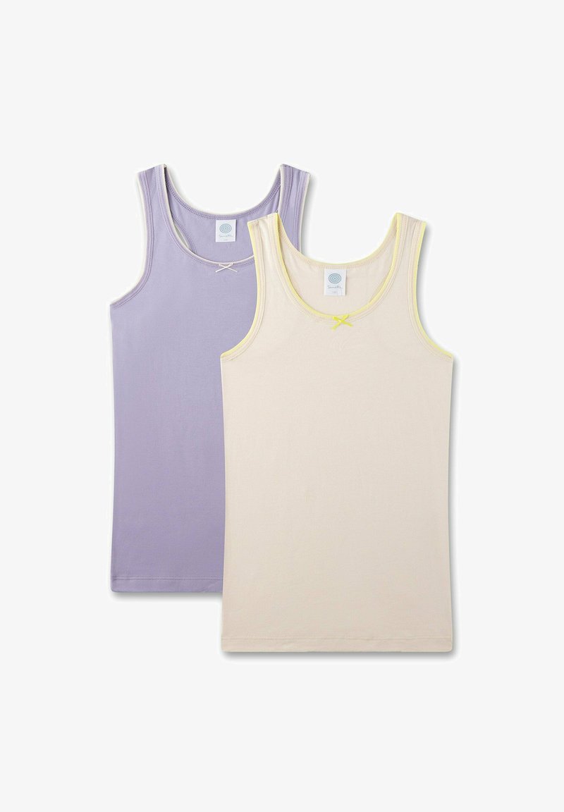 Zwei Trägershirts: eines in sanftem Lavendel mit Kreuzstich, das andere in hellem Beige mit gelben Akzenten. Hergestellt aus glattem Stoff, vielseitiges Design.