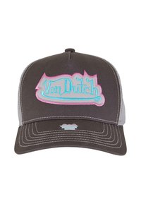 Grijze trucker pet met mesh zijkanten, voorzien van een groot geborduurd "Von Dutch" logo in roze en blauw op de voorkant en contrasterende stiksels.