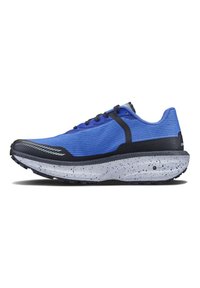 Blue athletic shoe with textured upper, black accents, and a white speckled sole. Features laces and a reinforced heel for support.