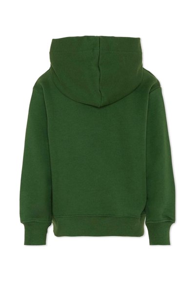 Felpa verde con cappuccio realizzata in morbido tessuto. Presenta una tasca a marsupio e polsini a coste. Design semplice senza loghi visibili.