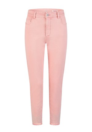 Rosa, eng anliegende Jeans mit Vorderfuttertaschen, Knopfverschluss und Strasssteinen in der Nähe der ausgefransten Saumabschlüsse.