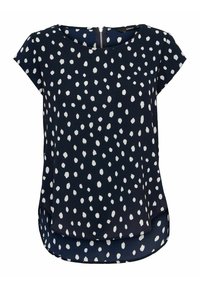 Blusa blu marina con pois bianchi, maniche corte, scollo rotondo e un leggero orlo asimmetrico. Presenta una cerniera sul retro. Tessuto con una texture liscia.