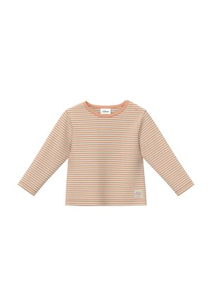 Lange mouw, gestreepte blouse in perzik- en roomtinten, met een ronde halslijn en schouderknopen, voorzien van een klein logo op de zoom.