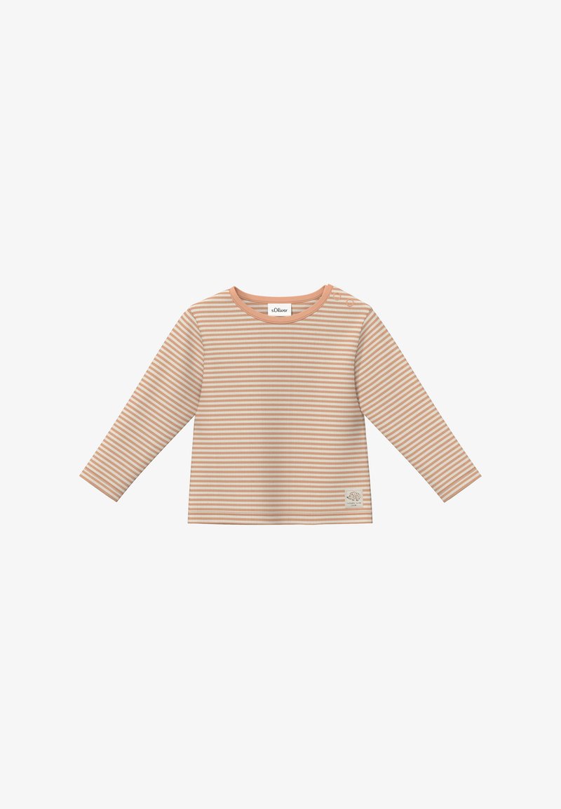 Langärmliges, gestreiftes Hemd in Pfirsich- und Cremetönen, mit einem runden Ausschnitt und Schulterknöpfen sowie einem kleinen Logo am Saum.