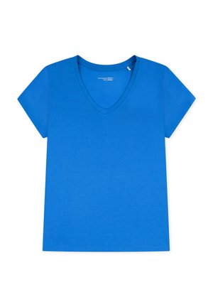 Blue short-sleeve T-shirt with a V-neck design, made of smooth fabric featuring a solid color with no visible patterns or accents.