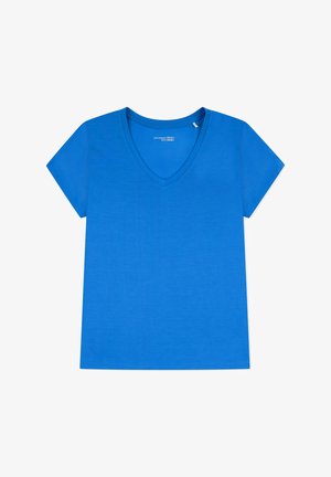 T-shirt blu a maniche corte con scollatura a V, realizzato in tessuto morbido e caratterizzato da un colore uniforme senza motivi o accenti visibili.