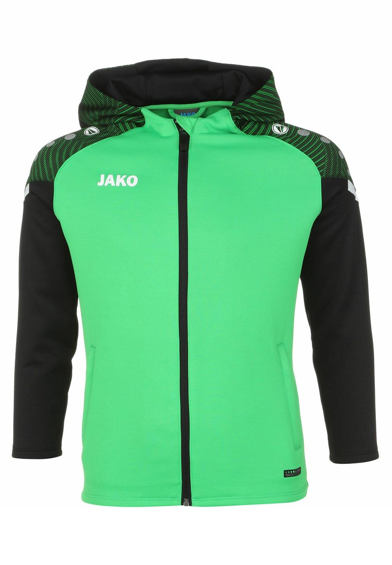 Veste à capuche verte et noire en tissu doux. Dispose d'une fermeture éclair à l'avant, de deux poches latérales et de détails imprimés sur les épaules.
