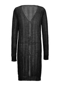 Cardigan negru tricotat, cu decolteu în V, mâneci lungi și model din plasă. Materialul este ușor, cu un finisaj texturat.