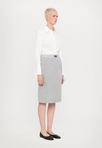 Fustă gri, până la genunchi, cu talie elastică și o strălucire subtilă, combinată cu o cămașă albă cu butoni și pantofi negri. Design simplu, bine croit.