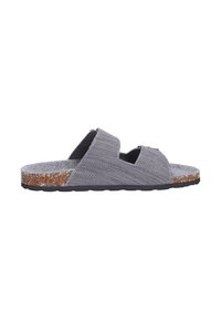Grijze open teen slip-on sandaal met textuurstoffen banden, kurken tussenzool en zwarte rubberen buitenzool, vanuit de zijkant getoond op een witte achtergrond.