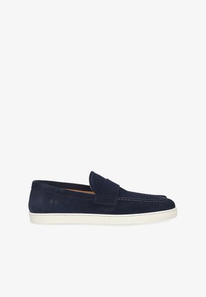 Navy blue suede loafer with white rubber sole, moccasin toe stitching, and a strap across the upper side.
