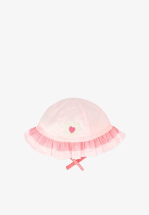 Chapeau de soleil pour bébé rose avec bordure à volants, broderie de fleur blanche centrée d'un cœur, et lanières réglables sous le menton.