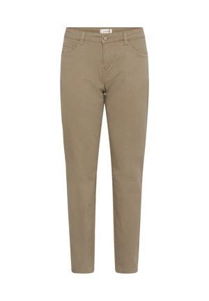 Khaki katoenen broeken met een slim fit, vijf zakken en een knoopsluiting. De stof heeft een gladde textuur en een licht taps toelopende pijp.