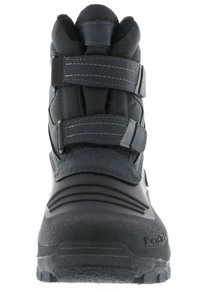 Schwarzer wasserdichter Schneestiefel mit einer strukturierten Gummisohle, elastischen Riemen, gepolstertem Schaft und genähten Akzenten auf einem glatten Obermaterial.