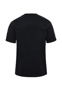 Must lühikeste varrukatega ümara kaelusega särk, näidatud tagant, varrukatel peene tekstuuriga mustritega.