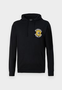 Felpa nera con cappuccio e tasca frontale, decorata con una grafica di un girasole bianco e giallo "Sunnie's Pool Bar" sul petto. Materiale in cotone morbido.