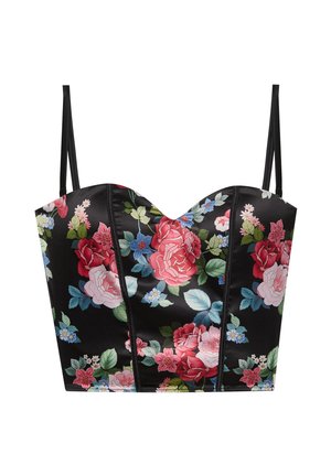 Bustier din satin negru cu imprimeu floral în nuanțe de roz, roșu și albastru, cusături structurate și bretele subțiri negre, reglabile pe umeri.