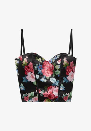 Bustier din satin negru cu imprimeu floral în nuanțe de roz, roșu și albastru, cusături structurate și bretele subțiri negre, reglabile pe umeri.