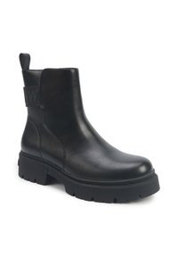 Black leather ankle boot with a chunky rubber sole, minimalist design, pull tab, and a logo-embossed fabric accent on the back.