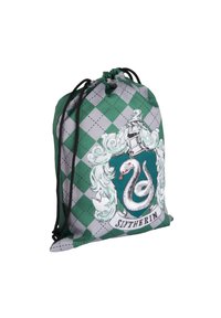 Grüner und grauer Kordelzugbeutel mit einem Slytherin-Wappen, einer Schlangenillustration und einem Rautenmuster auf einem leichten Stoff.