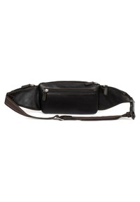 Borsa in pelle nera da vita con scomparti con zip multipli, dettagli in marrone scuro e tracolla regolabile per una vestibilità sicura. Texture liscia, forma rettangolare.