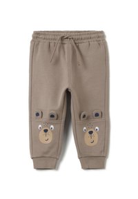 Beige kinderbroek met elastische tailleband, trekkoord en berengezichten met oren op de knieën.